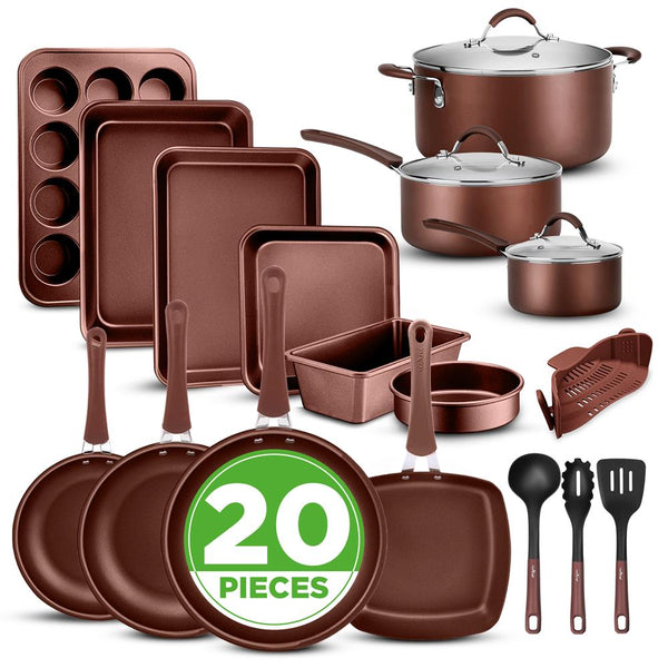 nutrichef 20-Piece Non-Stick Cookware Set Even Heat Cool-Touch Handles Brown