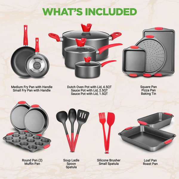 Nutrichef 21-Piece Nonstick Cookware Set - Even Heat Cool-Touch Handles Red