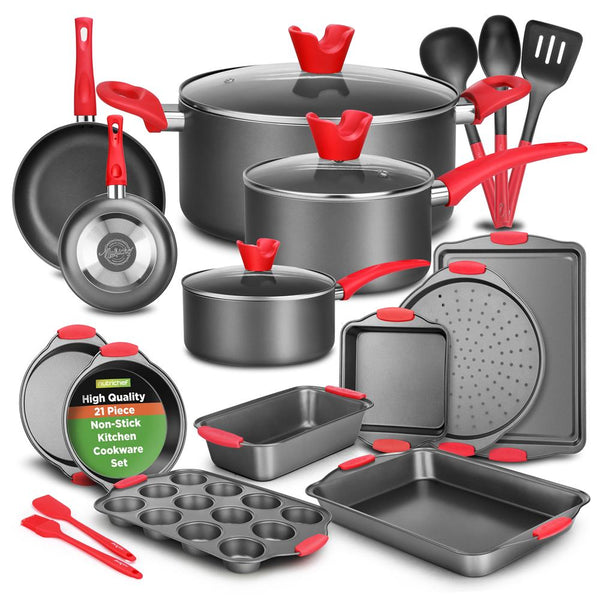 nutrichef 21-Piece Nonstick Cookware Set - Even Heat Cool-Touch Handles Red