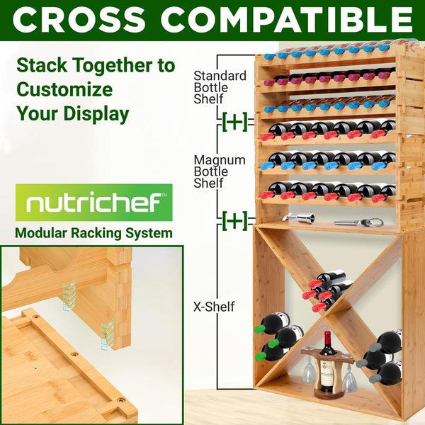 Nutrichef 24 Bottle Capacity Stackable X Frame Bamboo Cube Wine Rack Suitable For Counters Tabletop Storage Holder For Kitchen Wine Cellar And More (Natural)