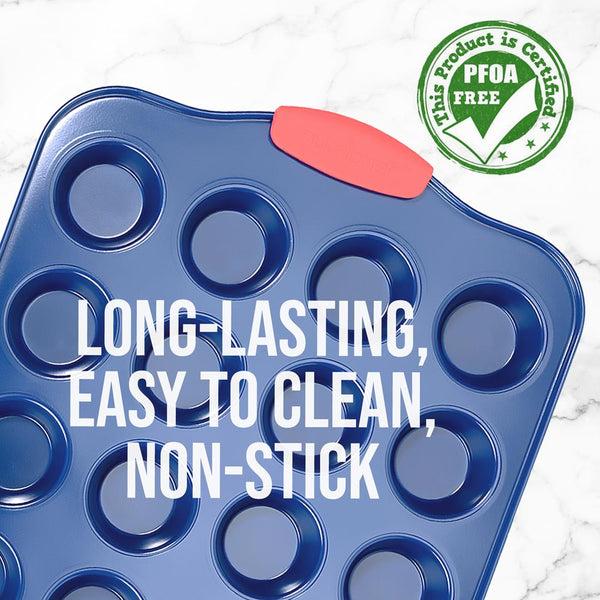 Nutrichef 24 Cup Muffin Pan - Deluxe Nonstick Blue Coating Inside & Outside With Red Silicone Handles Compatible With Model: Ncsbsbl10 (Blue)