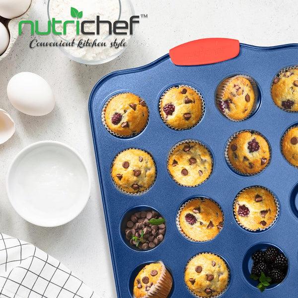 Nutrichef 24 Cup Muffin Pan - Deluxe Nonstick Blue Coating Inside & Outside With Red Silicone Handles Compatible With Model: Ncsbsbl10 (Blue)