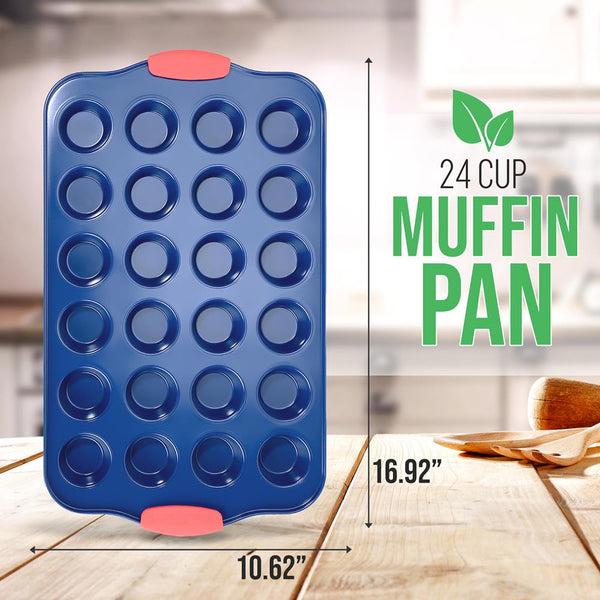 Nutrichef 24 Cup Muffin Pan - Deluxe Nonstick Blue Coating Inside & Outside With Red Silicone Handles Compatible With Model: Ncsbsbl10 (Blue)