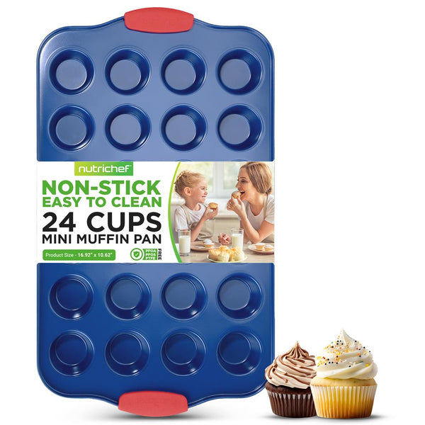 nutrichef 24 Cup Muffin Pan - Deluxe Nonstick Blue Coating Inside & Outside With Red Silicone Handles Compatible With Model: Ncsbsbl10 (Blue)