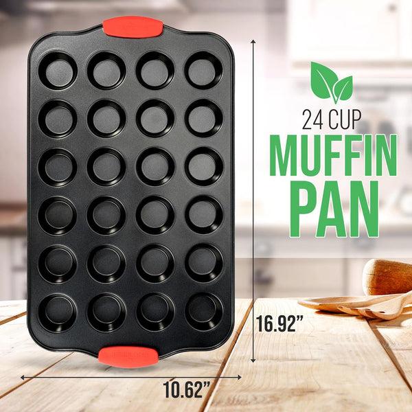 Nutrichef 24 Cup Muffin Pan - Deluxe Nonstick Gray Coating Inside & Outside With Red Silicone Handles Compatible With Model: Ncsbs10S (Black)