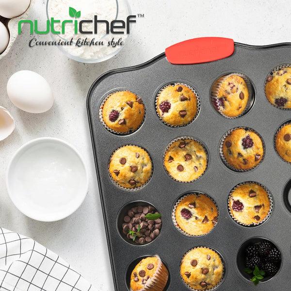 Nutrichef 24 Cup Muffin Pan - Deluxe Nonstick Gray Coating Inside & Outside With Red Silicone Handles Compatible With Model: Ncsbs10S (Black)