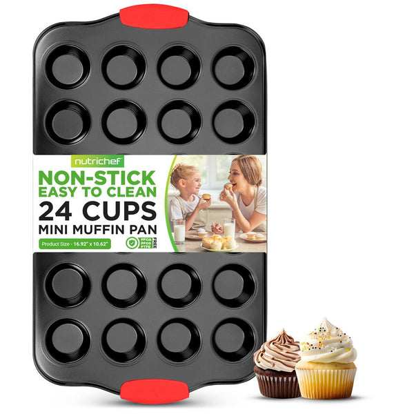 nutrichef 24 Cup Muffin Pan - Deluxe Nonstick Gray Coating Inside & Outside With Red Silicone Handles Compatible With Model: Ncsbs10S (Black)