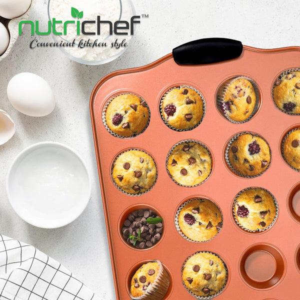 Nutrichef 24 Cup Muffin Pan - Nonstick Carbon Steel Bake Pan With Blue Silicone Handles Compatible With Model: Ncsbs54S (Copper)