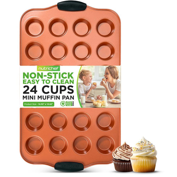 nutrichef 24 Cup Muffin Pan - Nonstick Carbon Steel Bake Pan With Blue Silicone Handles Compatible With Model: Ncsbs54S (Copper)