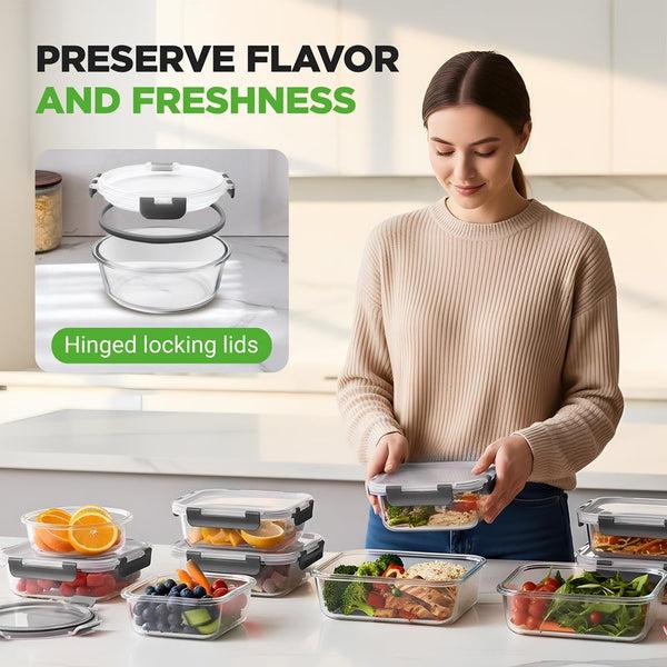 Nutrichef 24-Piece Superior Glass Food Storage Containers Set - Stackable Design With Newly Innovated Hinged Bpa-Free Locking Lids (Gray)