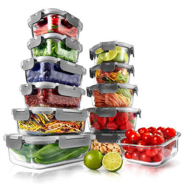 nutrichef 24-Piece Superior Glass Food Storage Containers Set - Stackable Design With Newly Innovated Hinged Bpa-Free Locking Lids (Gray)