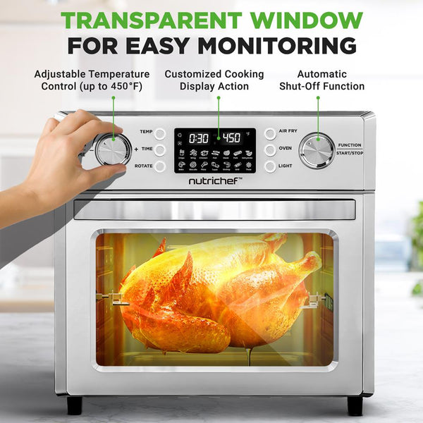 Nutrichef 26L Electric Air Fryer Oven Rotisserie 1700W 10 Presets Silver