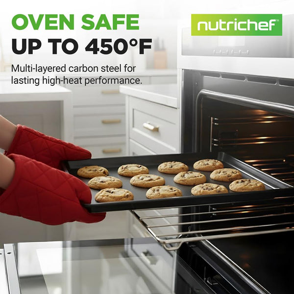 Nutrichef 3-Pc. Nonstick Cookie Sheet Baking Pan - Professional Quality Kitchen Cooking Non-Stick Bake Trays With Black Coating Inside & Outside
