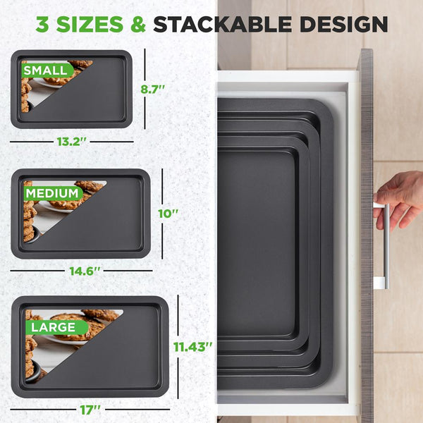Nutrichef 3-Pc. Nonstick Cookie Sheet Baking Pan - Professional Quality Kitchen Cooking Non-Stick Bake Trays With Black Coating Inside & Outside