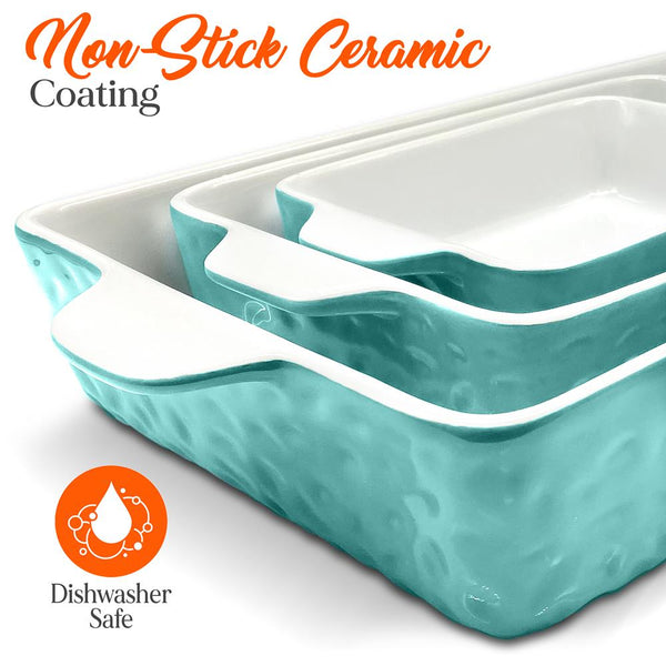Nutrichef 3-Piece Ceramic Casserole Set Non-Stick Oven Safe Aqua