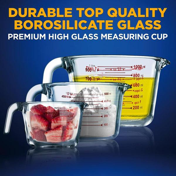 Nutrichef 3-Piece Glass Measuring Cups Set - Precise Pouring Heat-Resistant Clear
