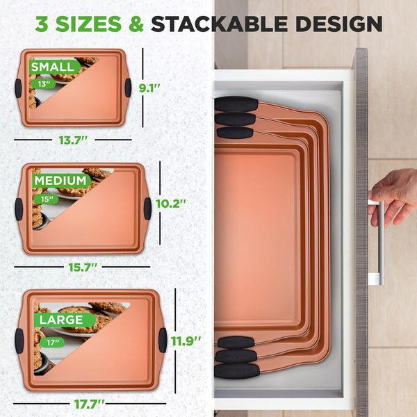 Nutrichef 3-Piece Nonstick Bakeware Set - Flexible Carbon Steel Silicone Handles