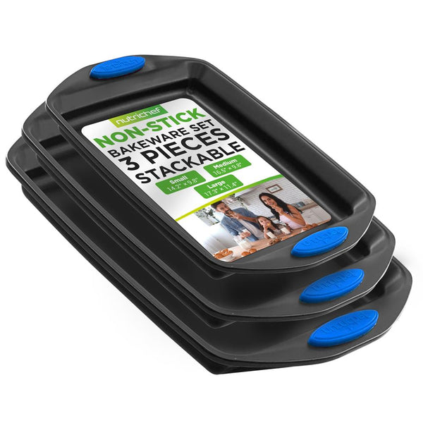 nutrichef 3-Piece Nonstick Baking Pan Set Carbon Steel Blue Handles Gray