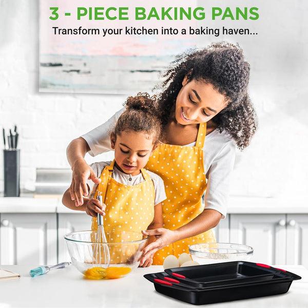 Nutrichef 3-Piece Nonstick Baking Pan Set - Easy Clean Carbon Steel 0.6mm Red Handles