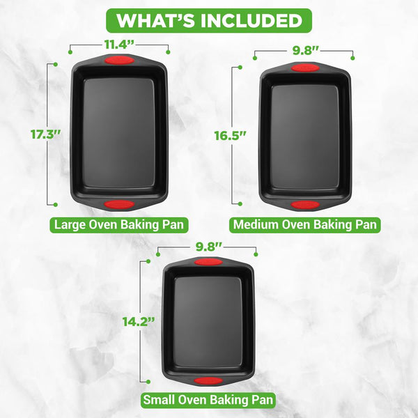 Nutrichef 3-Piece Nonstick Baking Pan Set - Easy Clean Carbon Steel 0.6mm Red Handles