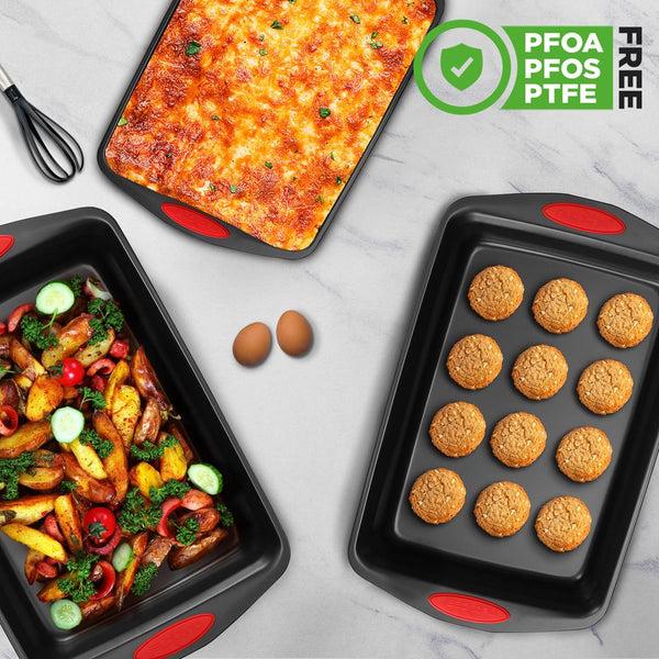 Nutrichef 3-Piece Nonstick Baking Pan Set - Easy Clean Carbon Steel 0.6mm Red Handles