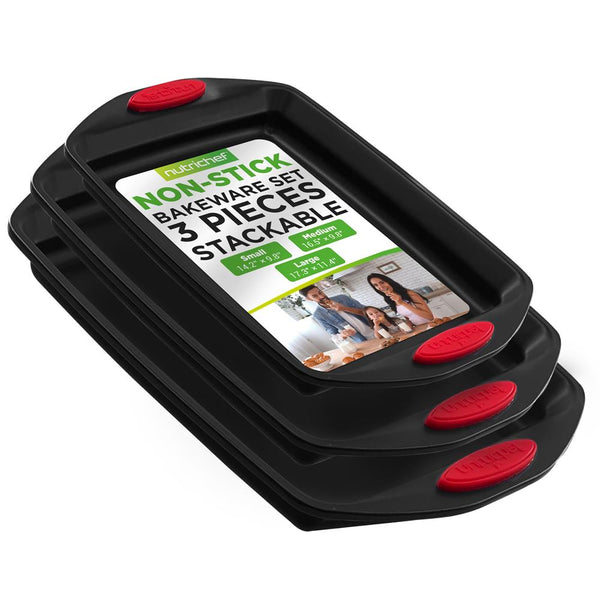 nutrichef 3-Piece Nonstick Baking Pan Set - Easy Clean Carbon Steel 0.6mm Red Handles