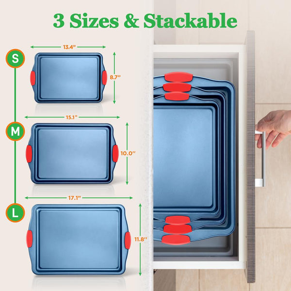 Nutrichef 3-Piece Nonstick Cookie Sheets Set Carbon Steel Blue