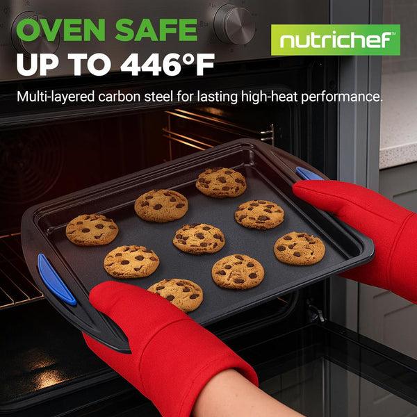 Nutrichef 3-Piece Nonstick Cookie Sheets Set - Easy Cleanup Carbon Steel Blue Handles