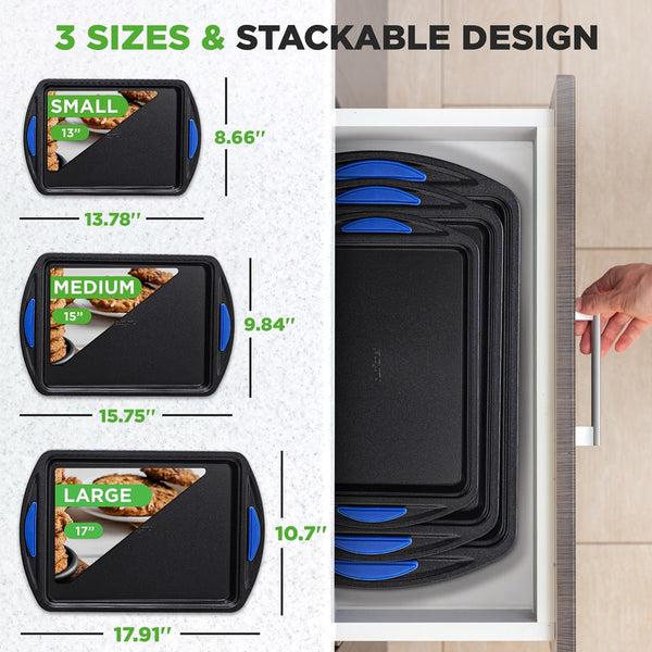 Nutrichef 3-Piece Nonstick Cookie Sheets Set - Easy Cleanup Carbon Steel Blue Handles