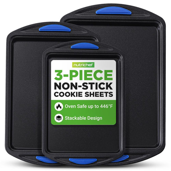 nutrichef 3-Piece Nonstick Cookie Sheets Set - Easy Cleanup Carbon Steel Blue Handles