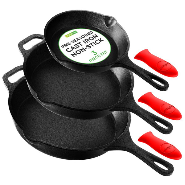 nutrichef 3pc Cast Iron Skillet Set - Nonstick Even Heat Silicone Handles
