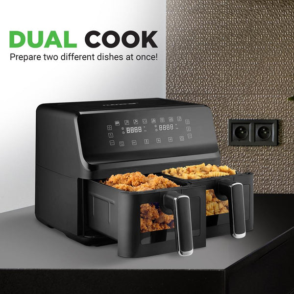 Nutrichef 4.4Qt Dual Basket Air Fryer - Customized Digital Display Electric Oil Free Cooker With Transparent Window (Black)