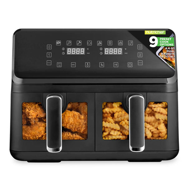 nutrichef 4.4Qt Dual Basket Air Fryer - Customized Digital Display Electric Oil Free Cooker With Transparent Window (Black)