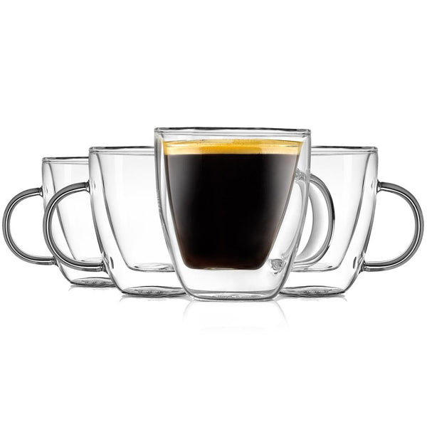 nutrichef 4 Pcs. Of Clear Glass Coffee Mug - Elegant Clear Glasses With Convenient Handles For Hot And Cold Drinks