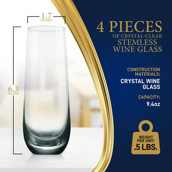 nutrichef 4 Pcs. Of Crystal-Clear Stemless Wine Glass - Ultra Clear Elegant Clear Wine Glasses Machine Made Top