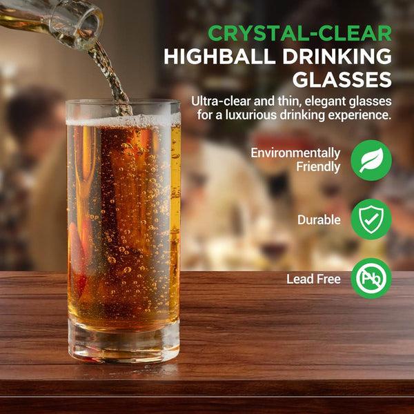 Nutrichef 4 Pcs. Of Highball Drinking Glass - Heavy Base And Tall Glass Tumbler For Water Wine Beer Cocktails Whiskey Juice Bars Mixed Drinks