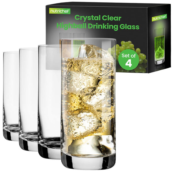 nutrichef 4 Pcs. Of Highball Drinking Glass - Heavy Base And Tall Glass Tumbler For Water Wine Beer Cocktails Whiskey Juice Bars Mixed Drinks