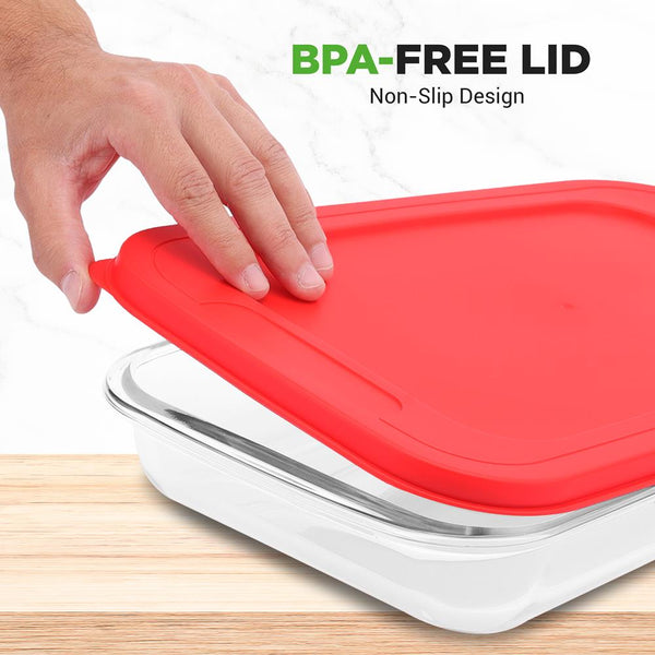 Nutrichef 4 Sets Of High Borosilicate Rectangular Glass Bakeware Set With Pe Lid (Red)