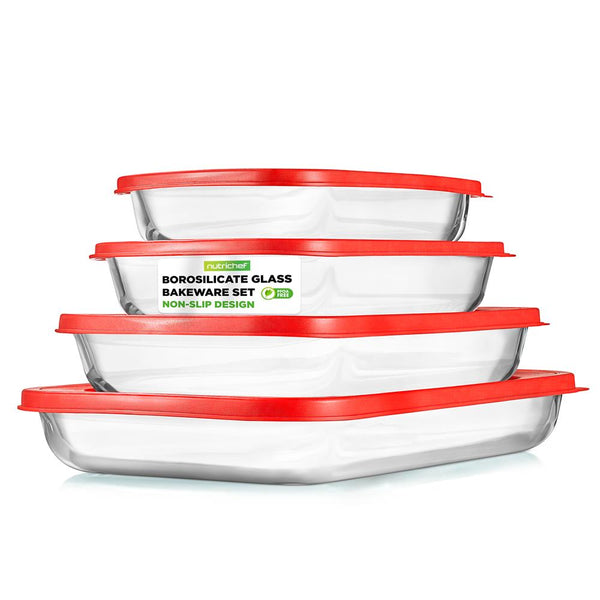 nutrichef 4 Sets Of High Borosilicate Rectangular Glass Bakeware Set With Pe Lid (Red)