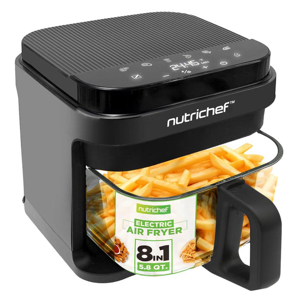 nutrichef 5.5 Liter Air Fryer - 5.8Qt Customized Digital Display Electric Oil Free Cooker With Transparent Window (Black)