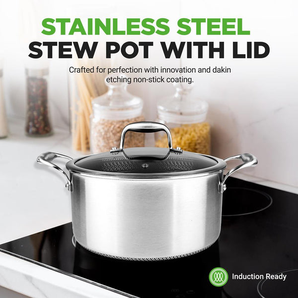 Nutrichef 5 QT Stainless Steel Stew Pot - Non-Stick Scratch-Resistant Glass Lid