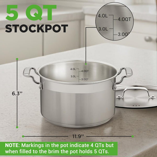 Nutrichef 5-Quart Stockpot For Even Heat Stainless Steel Induction Compatible