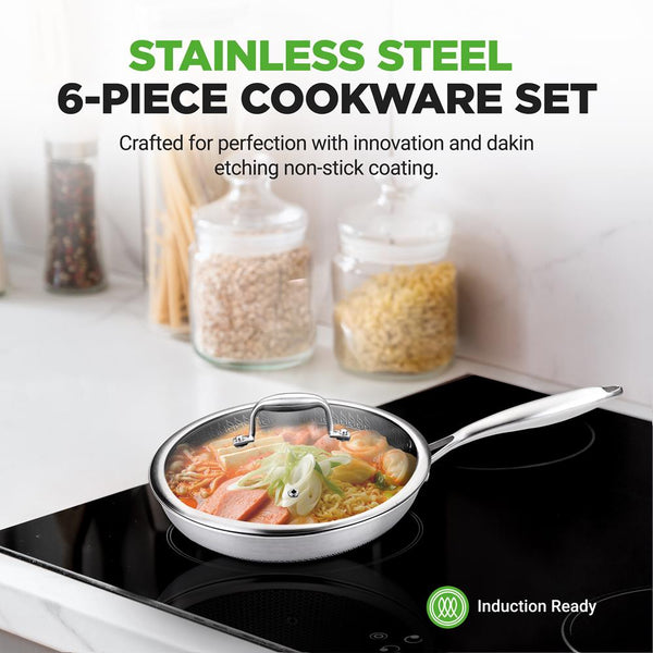 Nutrichef 6-Piece Non-Stick Frying Pan Set Quick Heat Tri-Ply Stainless Steel