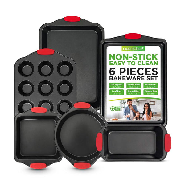 nutrichef 6-Piece Nonstick Bakeware Set Carbon Steel Red Silicone Handles