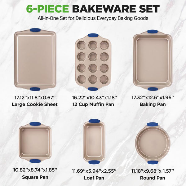 Nutrichef 6-Piece Nonstick Bakeware Set - Easy Clean Carbon Steel Blue Handles