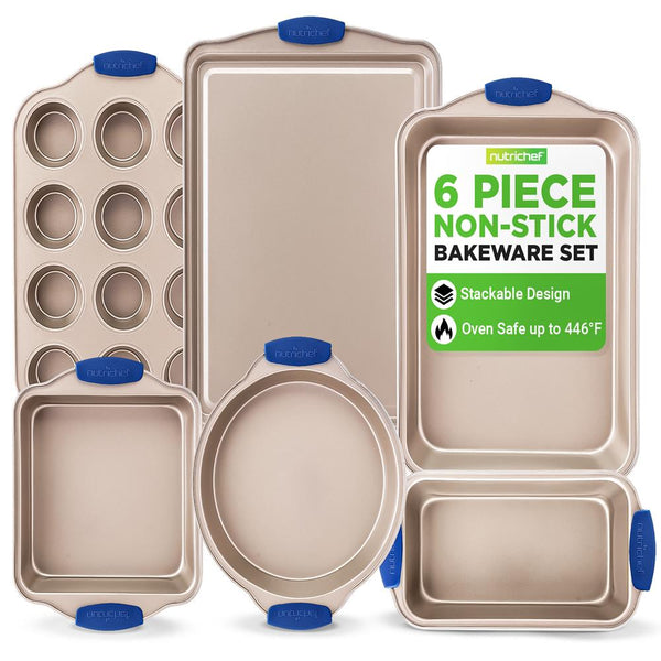 nutrichef 6-Piece Nonstick Bakeware Set - Easy Clean Carbon Steel Blue Handles