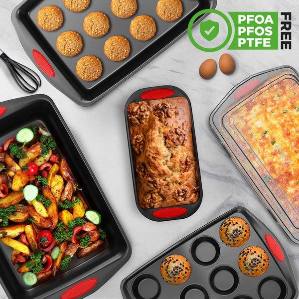 Nutrichef 6-Piece Nonstick Bakeware Set - Easy Clean Carbon Steel Red Handles