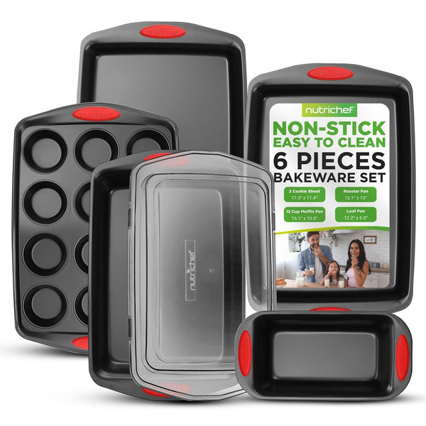 nutrichef 6-Piece Nonstick Bakeware Set - Easy Clean Carbon Steel Red Handles