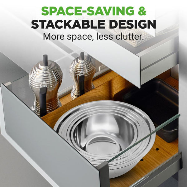 Nutrichef 6-Piece Stainless Steel Mixing Bowls Set - Stackable Dishwasher Safe