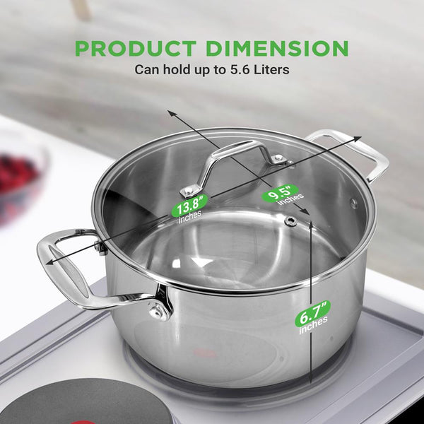 Nutrichef 6-Quart Stockpot Even Heat Stainless Steel See-Through Lid